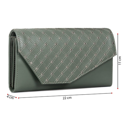 THE CLOWNFISH Helena Collection Womens Wallet Clutch Ladies Purse with Embroidery On Flap (Olive Green)