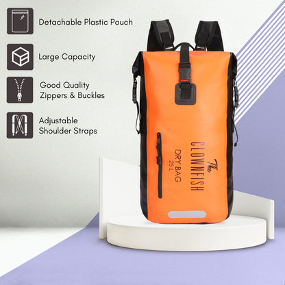 THE CLOWNFISH Waterproof PVC 25 Liter Dry Bag Dry Sack Lightweight Dry Backpack with Waterproof Accessory Bag for Water Sport Hiking Trekking Camping Boating (Orange)