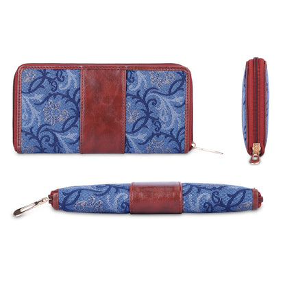 THE CLOWNFISH Aria Collection Tapestry Fabric & Faux Leather Zip Around Style Womens Wallet Clutch Ladies Purse with Card Holders (Blue- Floral)