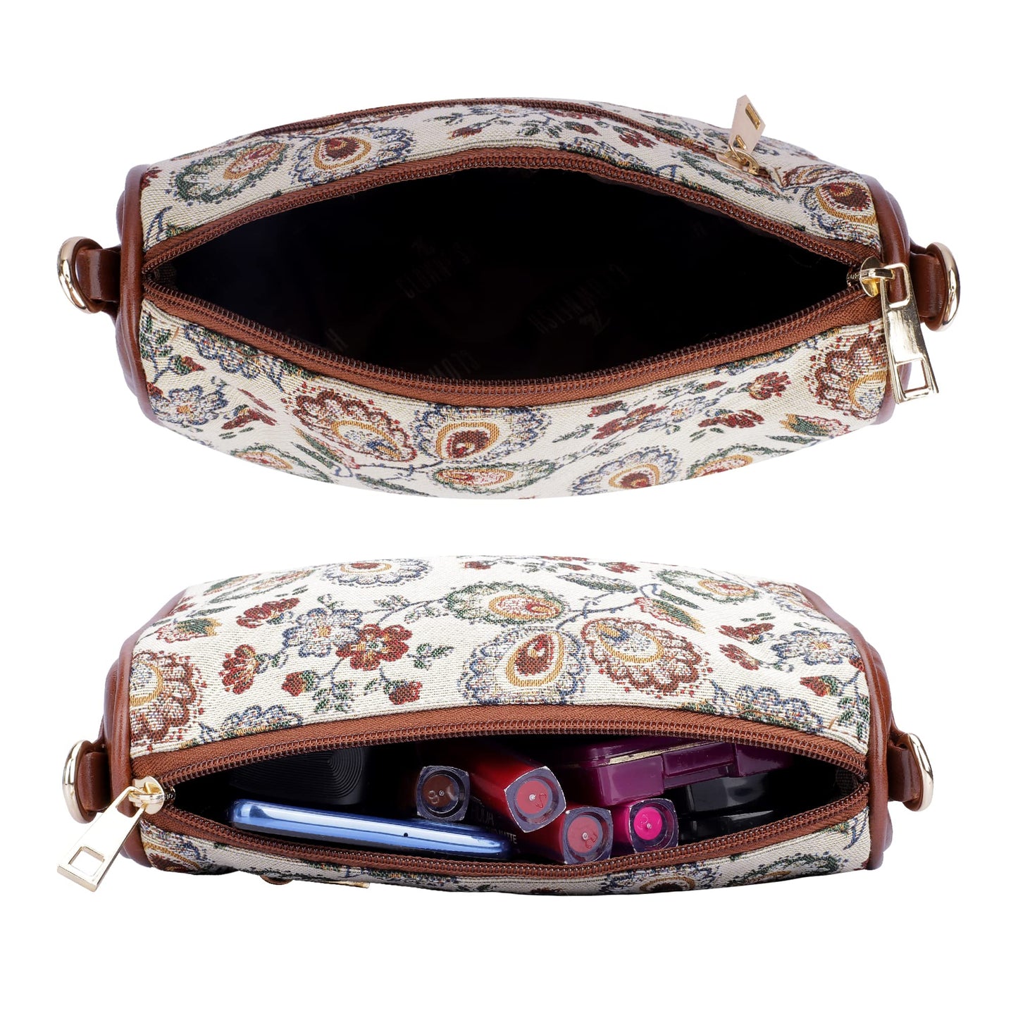 THE CLOWNFISH Garnet Series Tapestry Fabric Crossbody Sling Bag for Women Ladies Single Shoulder Bag Shoulder Belt (Dark Brown-Floral)