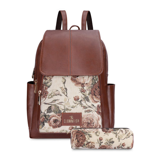 THE CLOWNFISH Combo Of Minerva Faux Leather & Tapestry Women's Backpack College School Girls Bag Casual Travel Backpack For Ladies & Expert Series Pencil Pouch Pen Case (Brown-Floral), 10 Litres