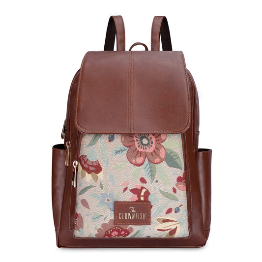 THE CLOWNFISH Medium Size Minerva Faux Leather & Tapestry Women's Standard Backpack College School Bag Casual Travel Standard Backpack For Ladies Girls (Skyblue- Floral)