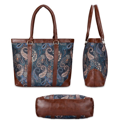 THE CLOWNFISH Miranda Series 15.6 inch Laptop Bag For Women Printed Handicraft Fabric & Faux Leather Office Bag Briefcase Hand Messenger bag Tote Shoulder Bag (Peacock Blue)