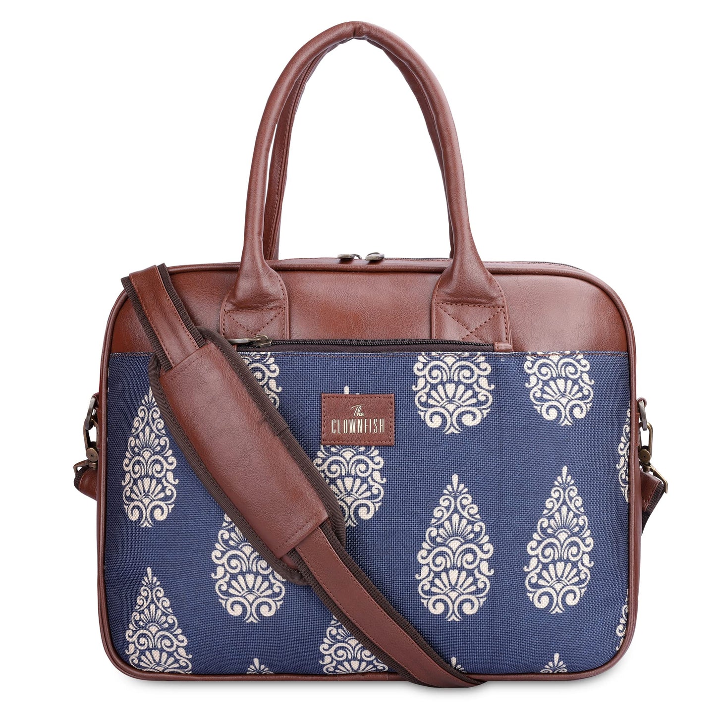 THE CLOWNFISH Deborah series 15.6 inch Laptop Bag For Women Printed Handicraft Fabric & Faux Leather Office Bag Briefcase Messenger Sling Handbag Business Bag (Navy Blue)