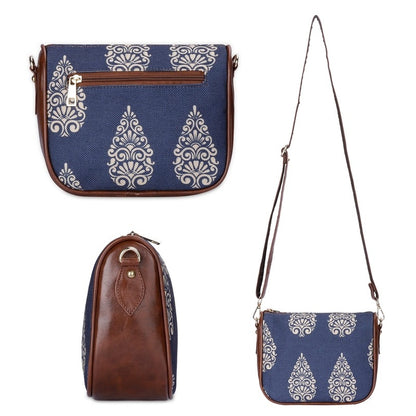 THE CLOWNFISH Garnet Series Printed Handicraft Fabric & Tapestry Crossbody Sling Bag for Women Ladies Single Shoulder Bag Shoulder Belt (Navy Blue-Design)