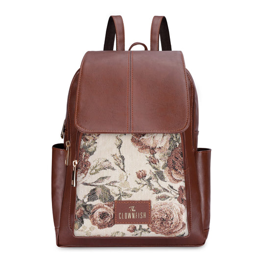 THE CLOWNFISH Medium Size Minerva Faux Leather & Tapestry Women's Standard Backpack College School Bag Casual Travel Standard Backpack For Ladies Girls (Brown- Floral), 10 Litre