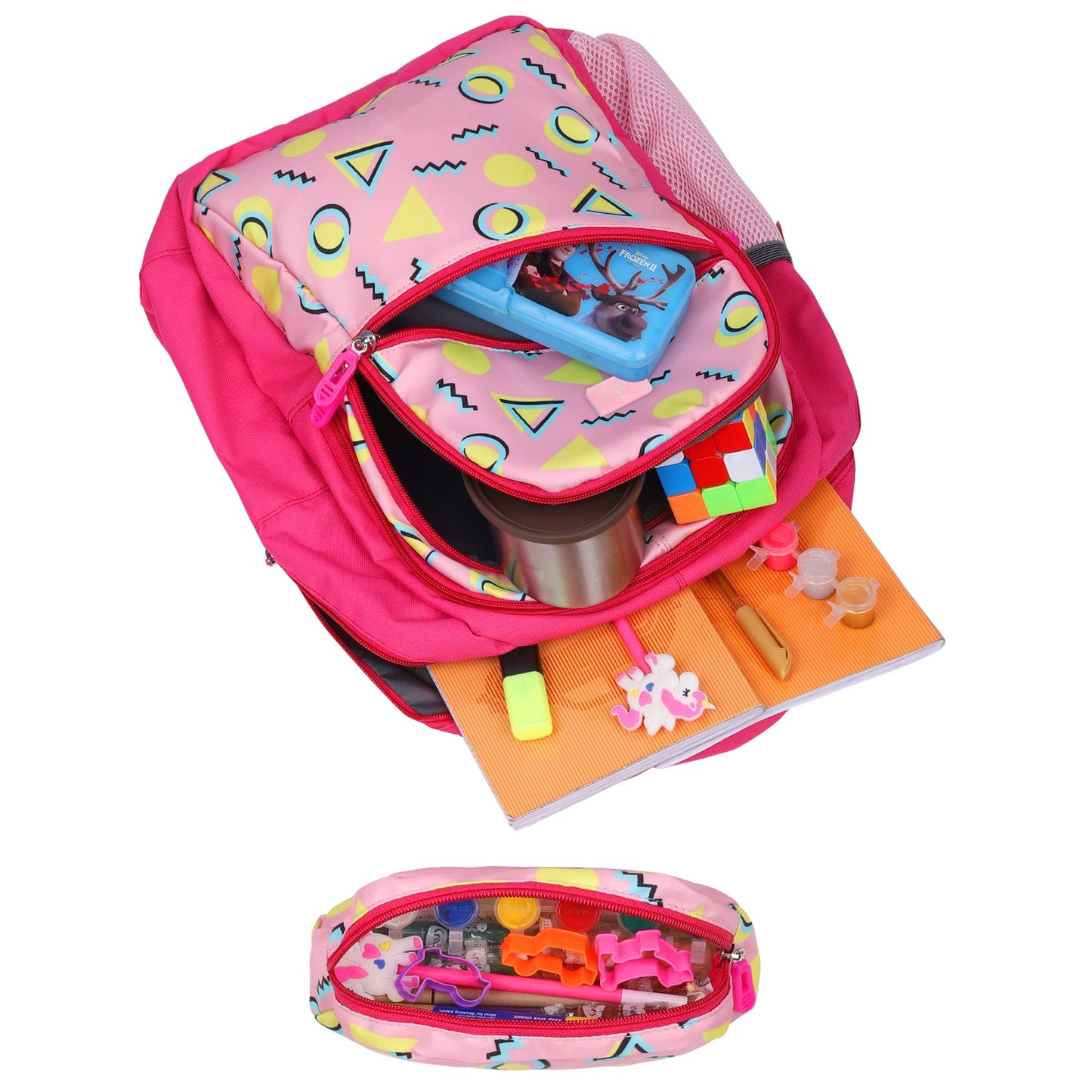 THE CLOWNFISH Brainbox Series Printed Polyester 30 L Standard Backpack With Pencil/Staionery Pouch School Bag Front Cross Zip Pocket Daypack Picnic Bag For Boys & Girls, Age 8-10 Years (Rose Pink)