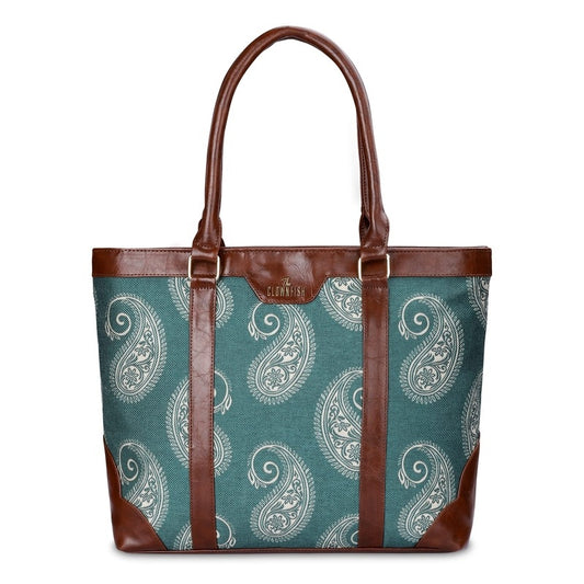 THE CLOWNFISH Miranda Series 15.6 inch Laptop Bag For Women Printed Handicraft Fabric & Faux Leather Office Bag Briefcase Hand Messenger bag Tote Shoulder Bag (Fern Green)