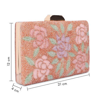 THE CLOWNFISH Anmol Collection Womens Party Clutch Ladies Wallet with Chain Strap Evening Sling Bag with Fashionable Beads Work Floral Design (Peach)