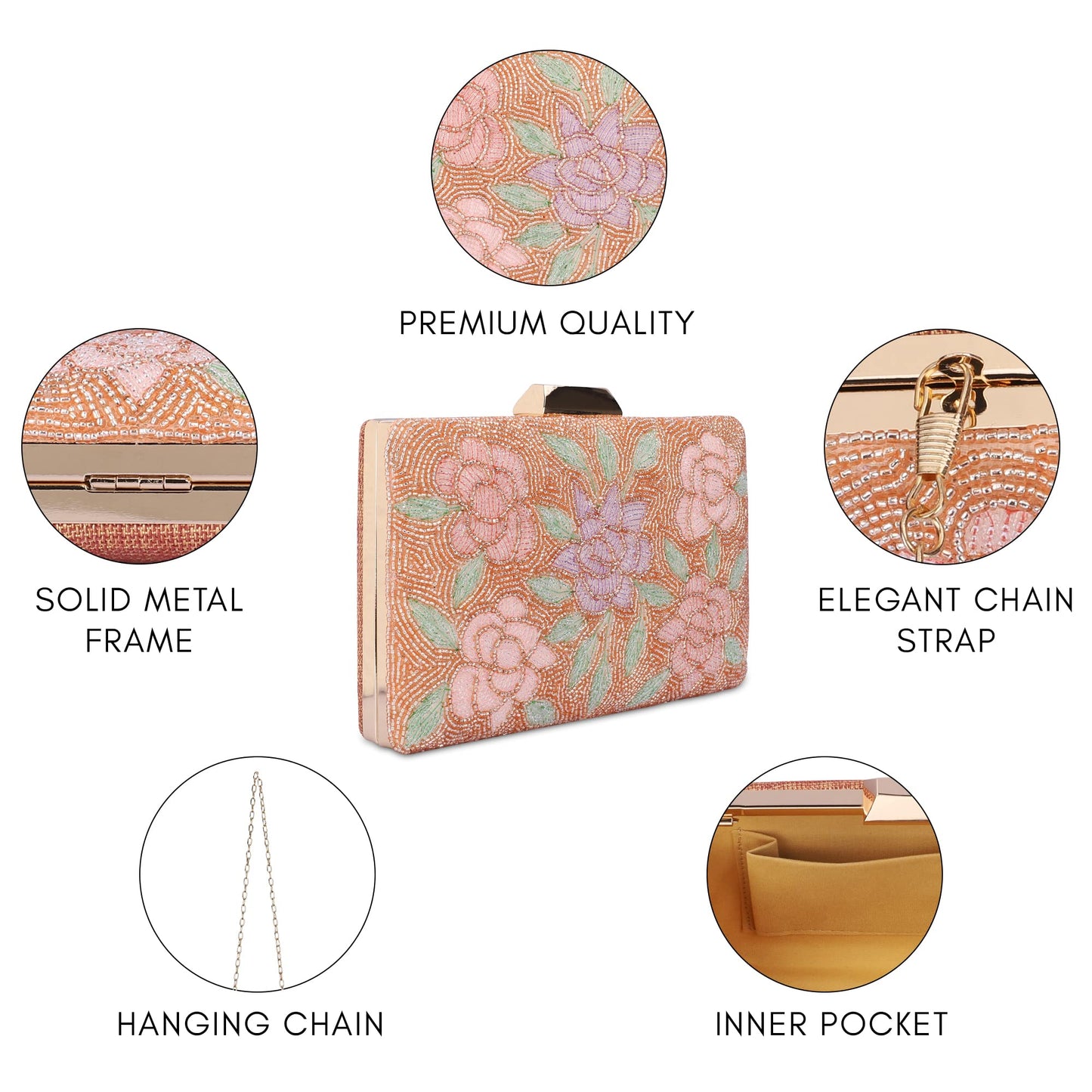 THE CLOWNFISH Anmol Collection Womens Party Clutch Ladies Wallet with Chain Strap Evening Sling Bag with Fashionable Beads Work Floral Design (Peach)