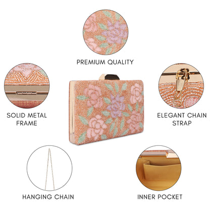 THE CLOWNFISH Anmol Collection Womens Party Clutch Ladies Wallet with Chain Strap Evening Sling Bag with Fashionable Beads Work Floral Design (Peach)