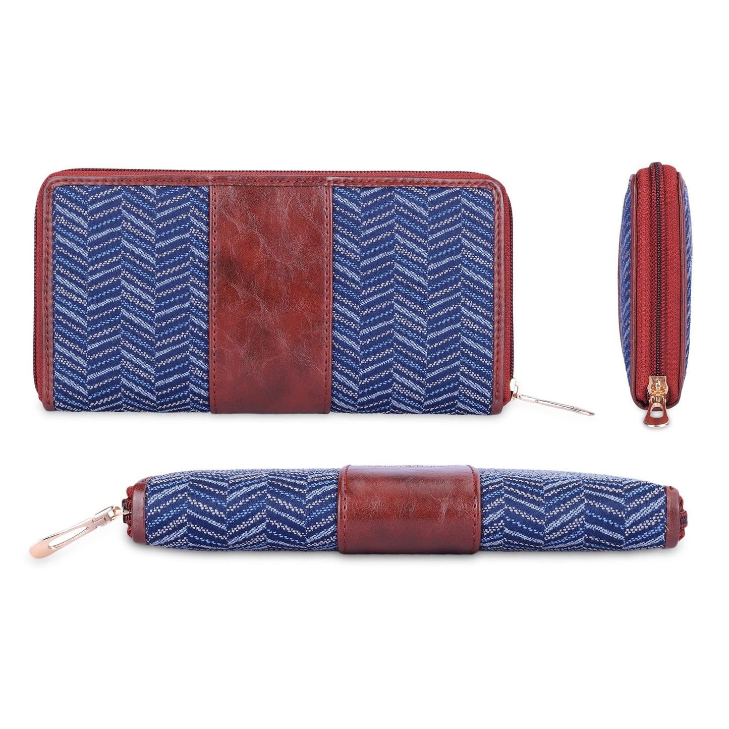 THE CLOWNFISH Aria Collection Tapestry Fabric & Faux Leather Zip Around Style Womens Wallet Clutch Ladies Purse with Card Holders (Blue-Stripes)