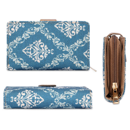 THE CLOWNFISH Fab Series Printed Handicraft Fabric & Vegan Leather Ladies Wallet Clutch Purse for Women Girls with Multiple Compartments (Cerulean Blue)