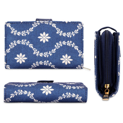 THE CLOWNFISH Fab Series Printed Handicraft Fabric & Vegan Leather Ladies Wallet Clutch Purse for Women Girls with Multiple Compartments (Royal Blue)