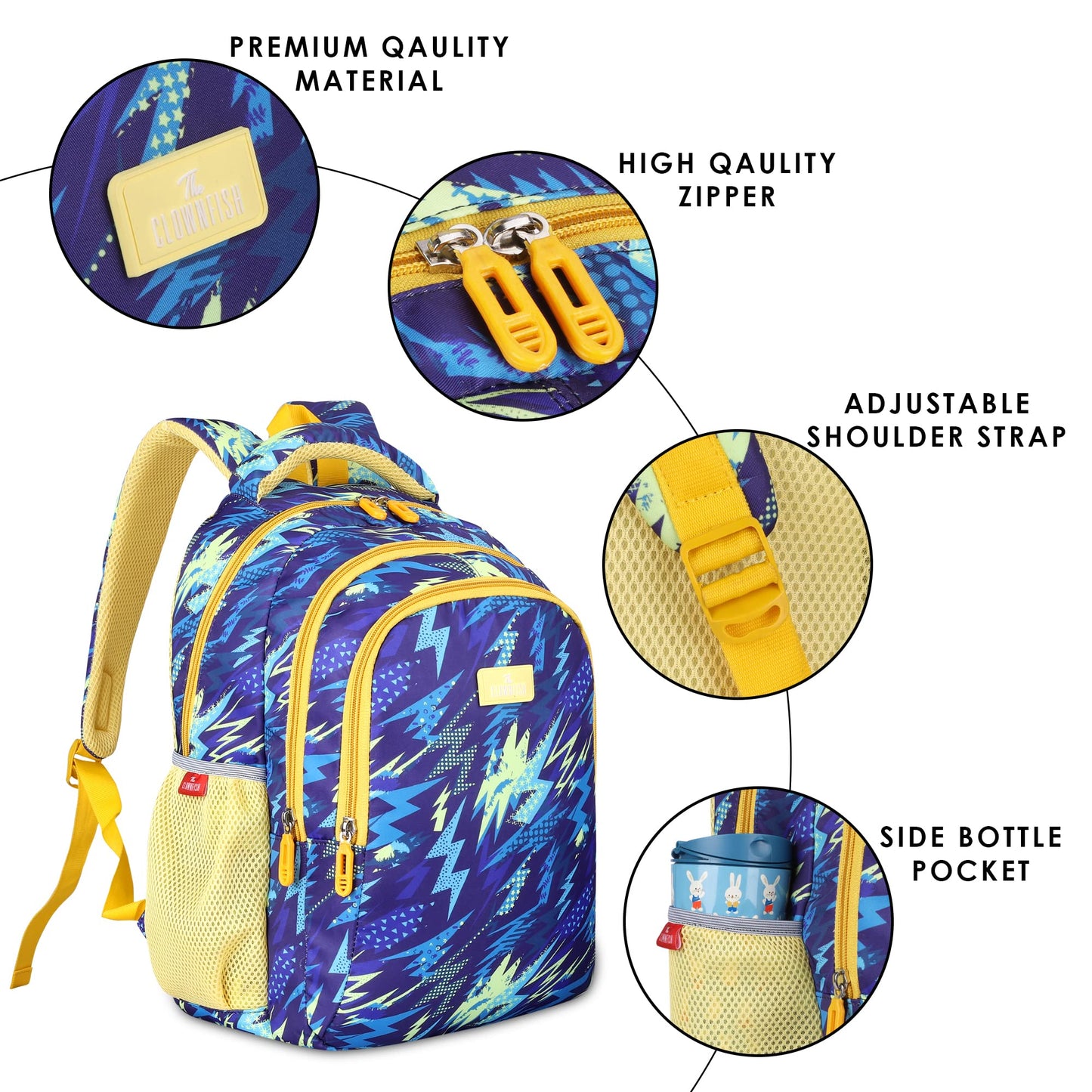 THE CLOWNFISH Fuel & Focus Series Printed Polyester 30 L School Backpack with Pencil/Staionery Pouch & Lunch/Tiffin Bag School Bag Daypack Trio For School Going Boys & Girls (Lightning Blue)