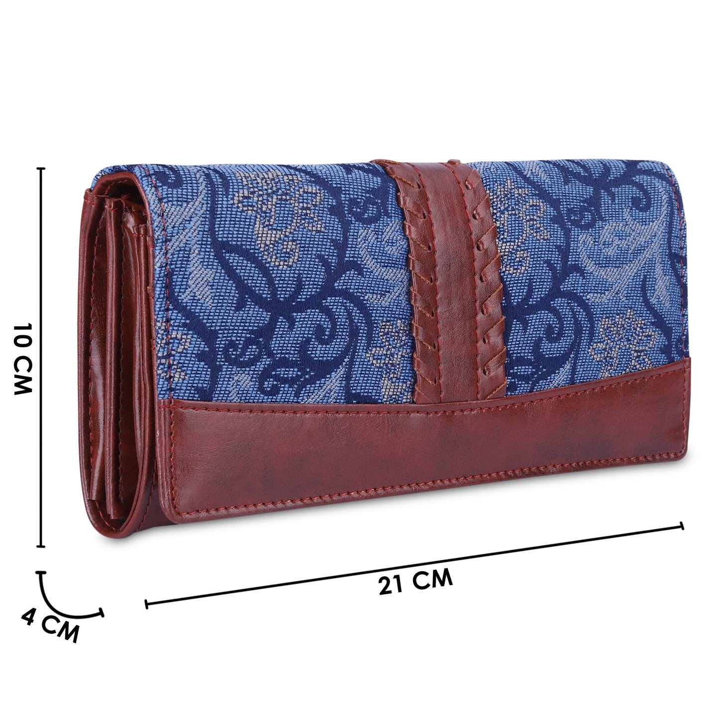 THE CLOWNFISH Serina Collection Tapestry Fabric & Faux Leather Snap Flap Style Womens Wallet Clutch Ladies Purse with Card Holders (Blue-Floral)