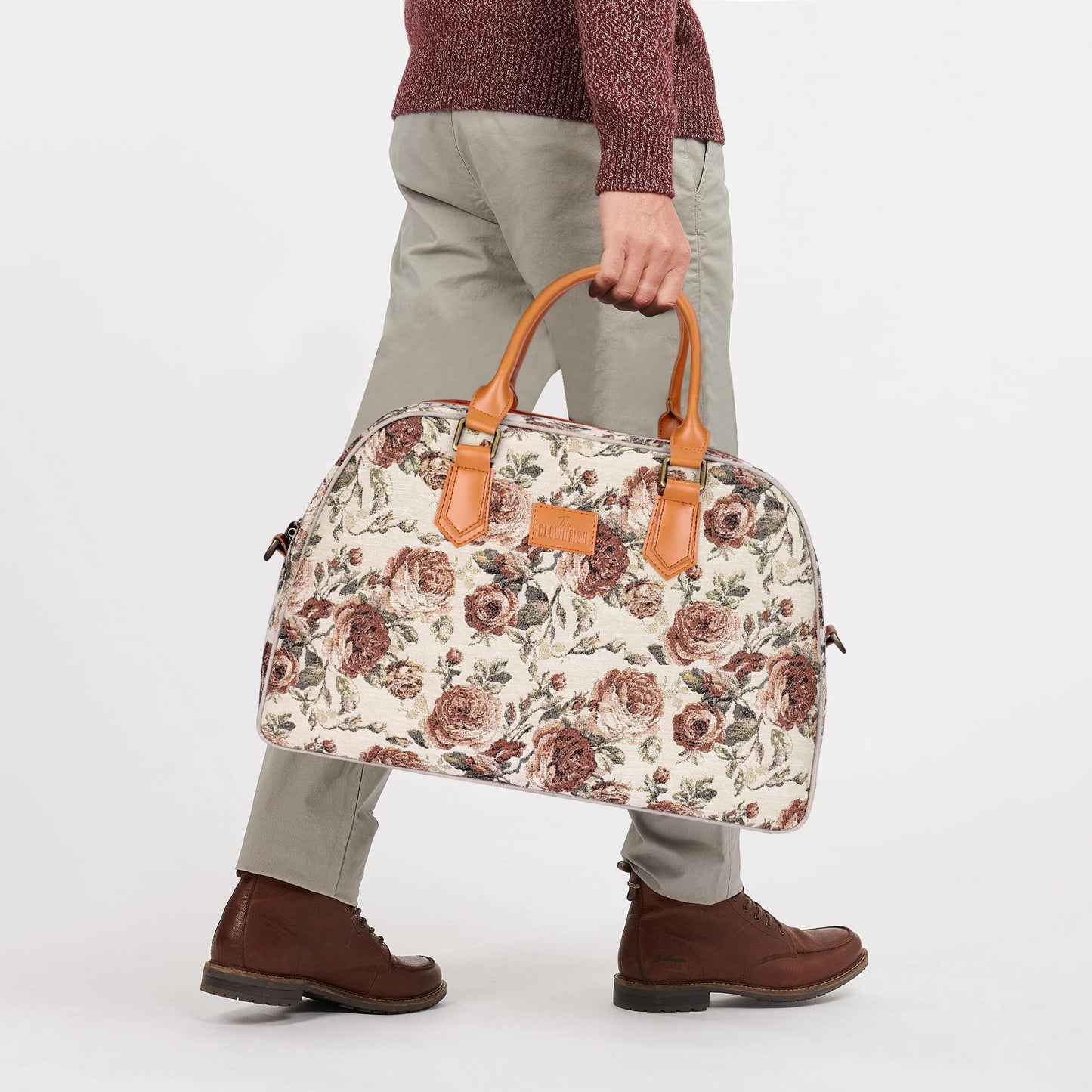 The Clownfish Ziana Series 24 litres Tapestry & Faux Leather Unisex Travel Duffle Bag Luggage Weekender Bag (Brown-Floral)