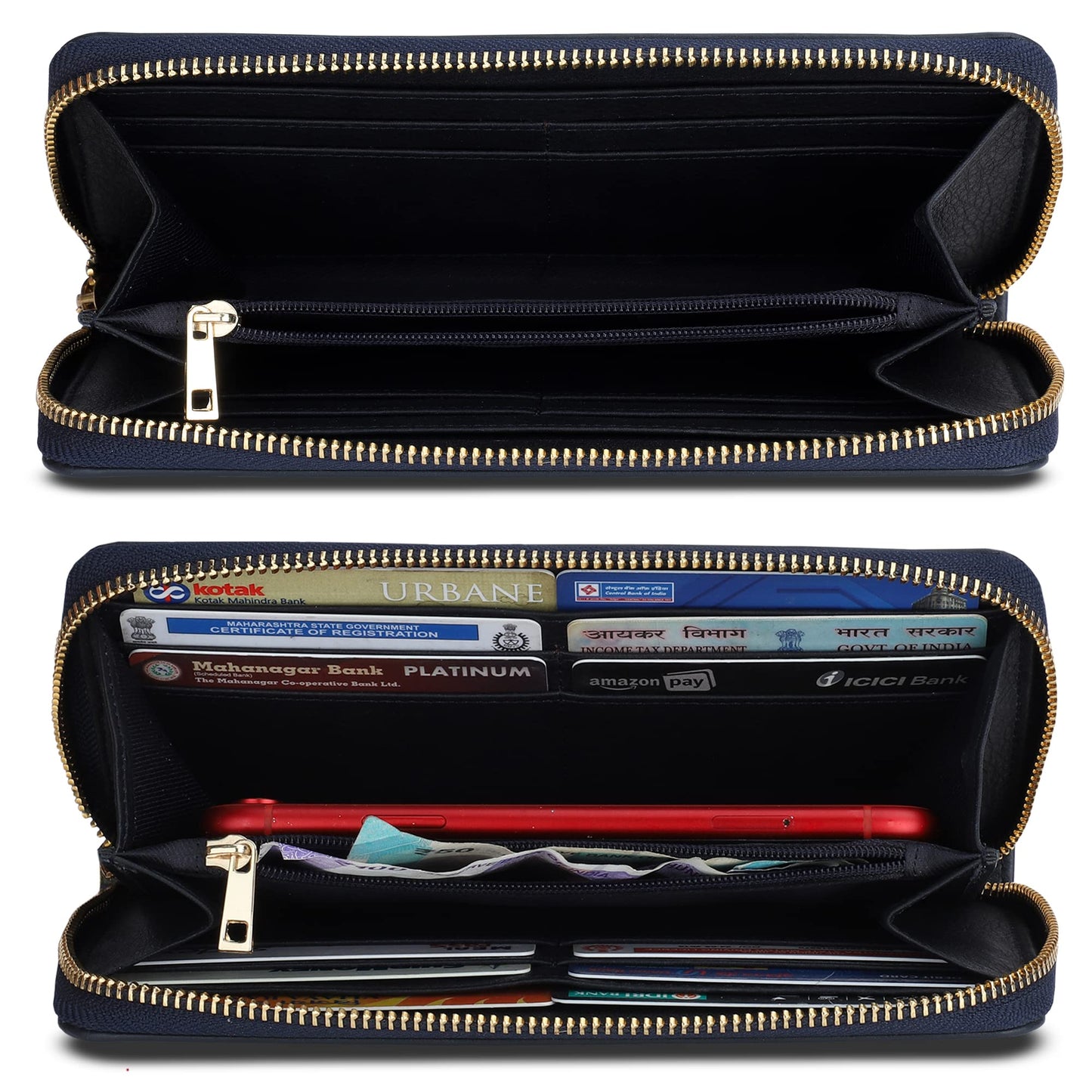 THE CLOWNFISH Eliana Collection Genuine Leather Zip Around Style Womens Wallet Clutch Ladies Purse with Card Holders (Navy Blue)