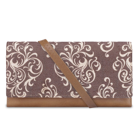 THE CLOWNFISH Women Jolene Printed Handicraft Fabric & Vegan Leather Ladies Wristlet Wallet Purse Sling Bag With Multiple Card Slots & Shoulder Belt (Brown)