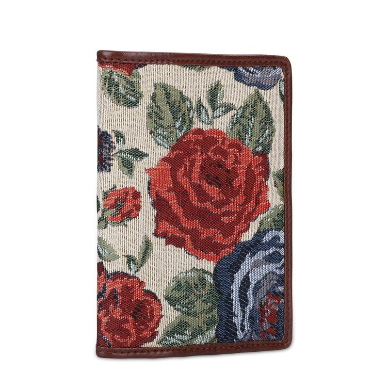 THE CLOWNFISH Glamour Fold Series Tapestry Fabric & Faux Leather Unisex Passport Wallet Travel Document Organizer (Red-Floral)