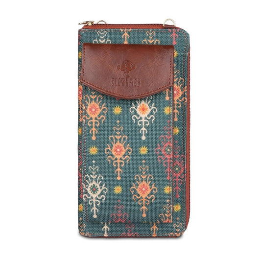 THE CLOWNFISH Fashionista Printed Handicraft Fabric & Vegan Leather Ladies Wallet Sling Bag with Front Mobile Pocket (Green)