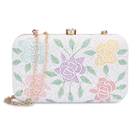 THE CLOWNFISH Norah Collection Womens Party Clutch Ladies Wallet with Chain Strap Evening Bag with Beads Work Floral Design (Snow White)