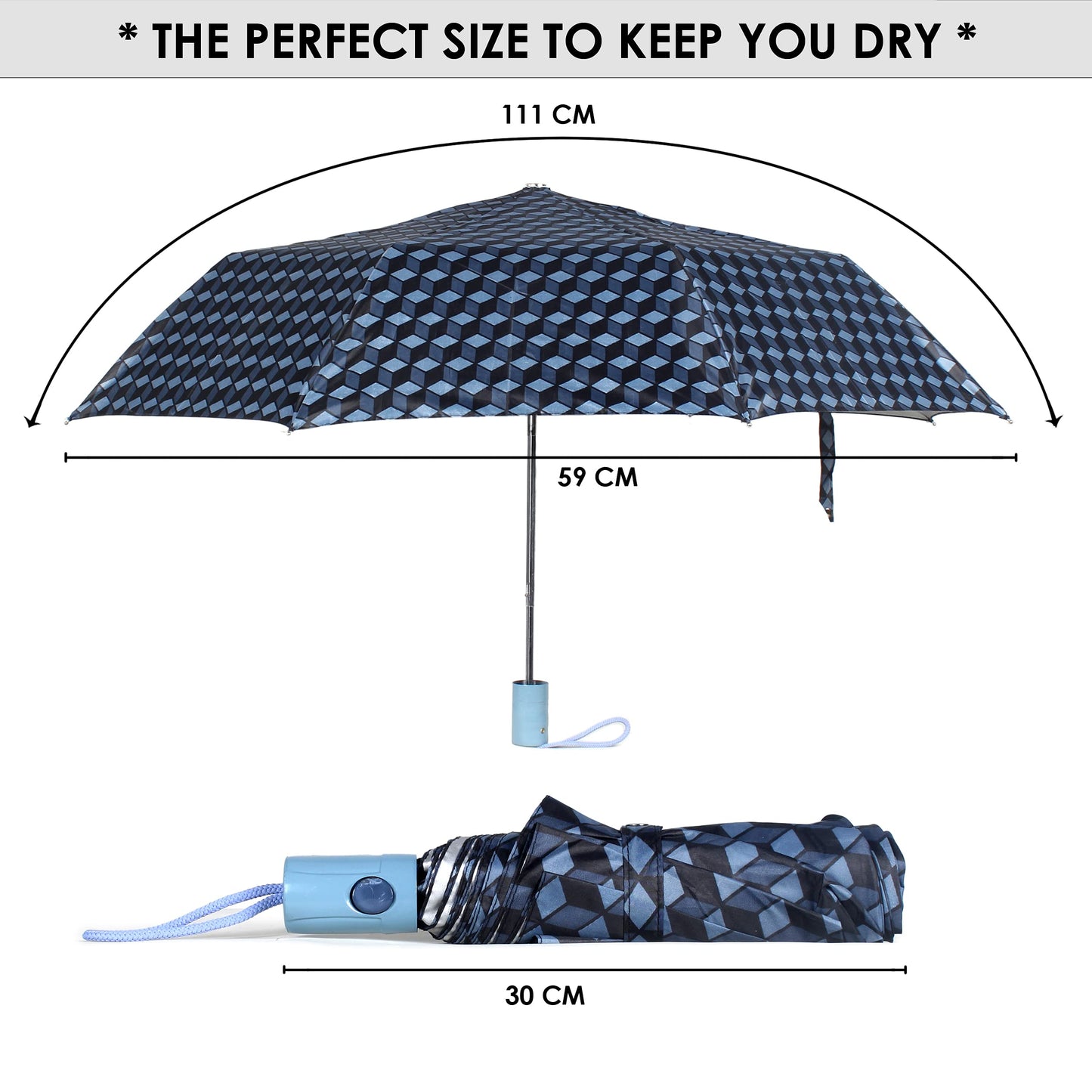 THE CLOWNFISH Umbrella 3 Fold Auto Open Waterproof 190 T Polyester Double Coated Silver Lined Umbrellas For Men and Women (Checks Design- Sky Blue)