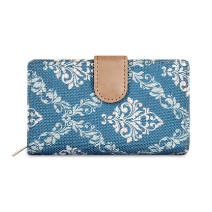 THE CLOWNFISH Fab Series Printed Handicraft Fabric & Vegan Leather Ladies Wallet Clutch Purse for Women Girls with Multiple Compartments (Cerulean Blue)