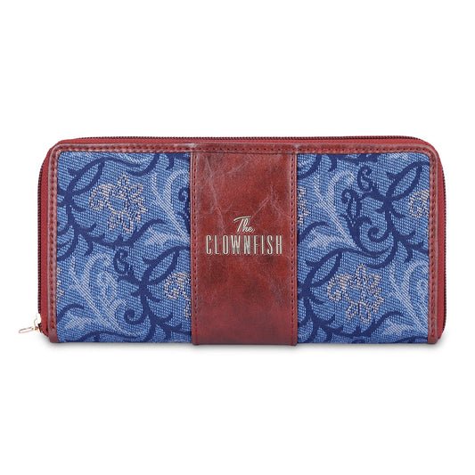 THE CLOWNFISH Aria Collection Tapestry Fabric & Faux Leather Zip Around Style Womens Wallet Clutch Ladies Purse with Card Holders (Blue- Floral)