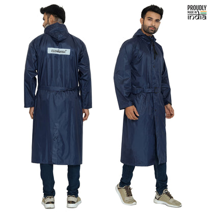 THE CLOWNFISH Mikado Series Unisex Waterproof Polyester Long Coat/Standard Length Raincoat With Adjustable Hood And Reflector Logo At Back For Night Visibility (Blue-Free Size), Black