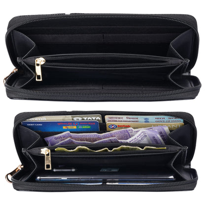 THE CLOWNFISH Katherine Collection Faux Leather Zip Around Style Womens Wallet Clutch Handheld Ladies Purse (Jet Black-Crocodile Finish)