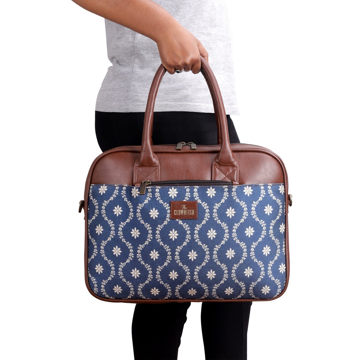 THE CLOWNFISH Deborah series 15.6 inch Laptop Bag For Women Printed Handicraft Fabric & Faux Leather Office Bag Briefcase Messenger Sling Handbag Business Bag (Royal Blue)