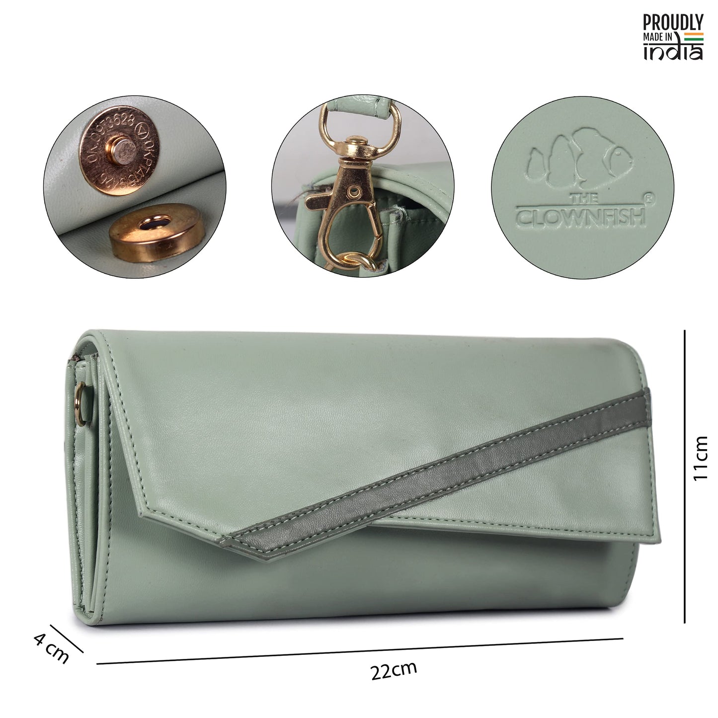 THE CLOWNFISH Ivana Series Womens Wallet Clutch Ladies Purse Sling Bag with multiple card slots (Pistachio Green)