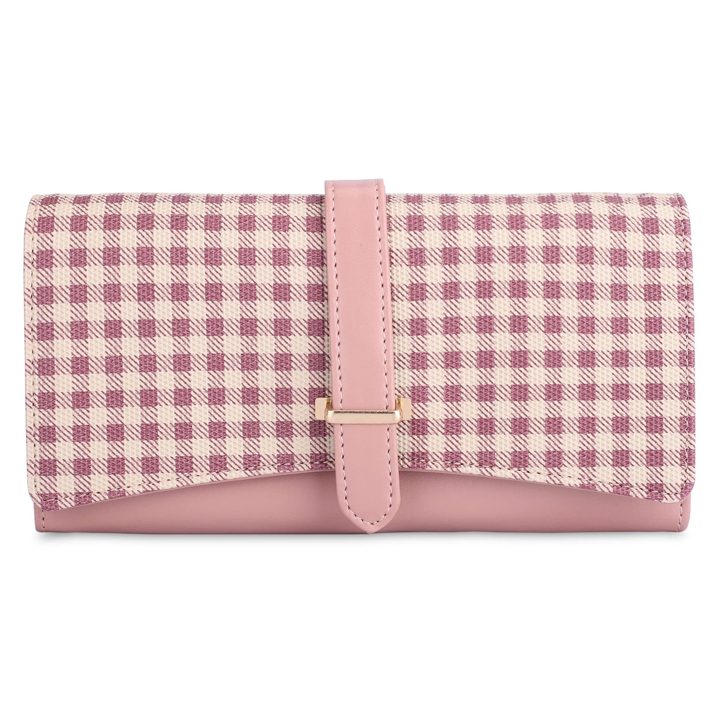 THE CLOWNFISH Dhanvi Collection PVC Checks Design Snap Flap Closure Womens Wallet Clutch Ladies Purse with Multiple Card Holders (Pink)