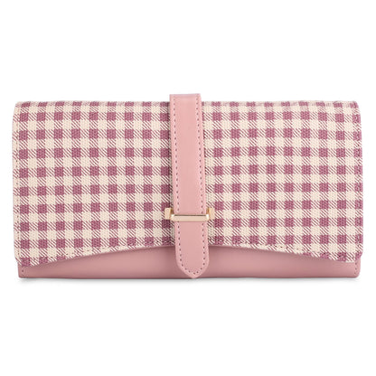 THE CLOWNFISH Dhanvi Collection PVC Checks Design Snap Flap Closure Womens Wallet Clutch Ladies Purse with Multiple Card Holders (Pink)