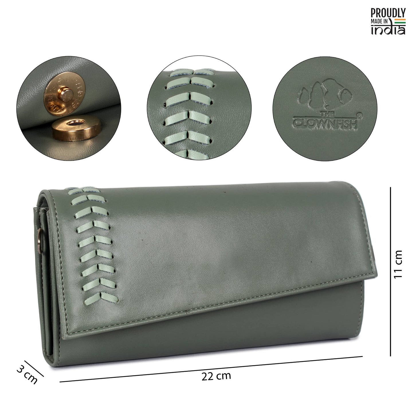 THE CLOWNFISH Myra Collection Womens Wallet Clutch Ladies Purse Sling Bag with Card slots (Olive Green)