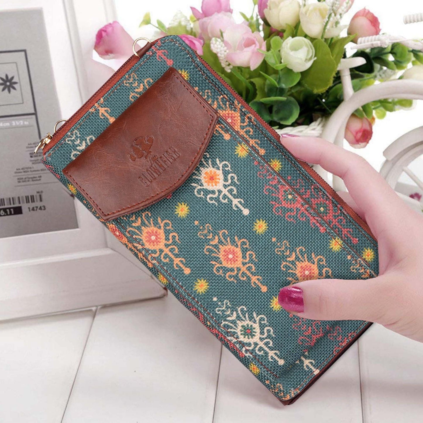 THE CLOWNFISH Fashionista Printed Handicraft Fabric & Vegan Leather Ladies Wallet Sling Bag with Front Mobile Pocket (Green)