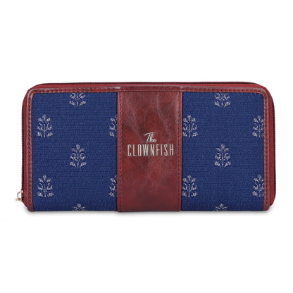 THE CLOWNFISH Aria Collection Tapestry Fabric & Faux Leather Zip Around Style Womens Wallet Clutch Ladies Purse with Card Holders (Denim Blue)