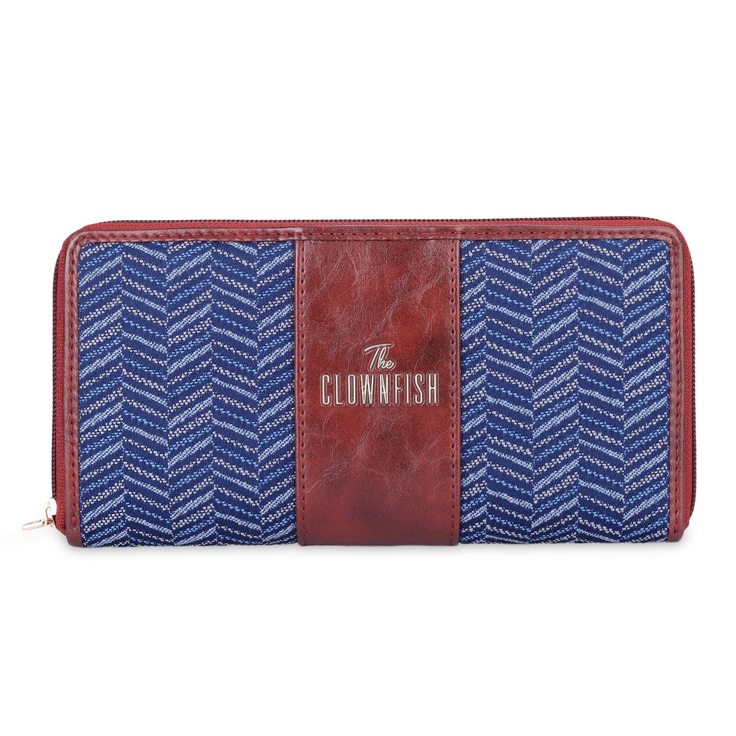 THE CLOWNFISH Aria Collection Tapestry Fabric & Faux Leather Zip Around Style Womens Wallet Clutch Ladies Purse with Card Holders (Blue-Stripes)