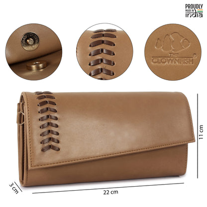 THE CLOWNFISH Myra Collection Womens Wallet Clutch Ladies Purse Sling Bag with Card slots (Light Brown)