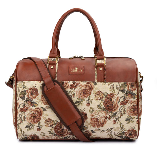 The Clownfish Ambretta Series 21 litres Tapestry Travel Duffle Bag Weekender Bag (Brown- Floral)