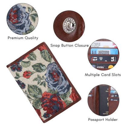 THE CLOWNFISH Glamour Fold Series Tapestry Fabric & Faux Leather Unisex Passport Wallet Travel Document Organizer (Red-Floral)