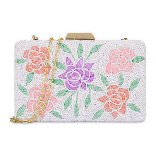 THE CLOWNFISH Anmol Collection Womens Party Clutch Ladies Wallet with Chain Strap Evening Sling Bag with Fashionable Beads Work Floral Design (Snow White)