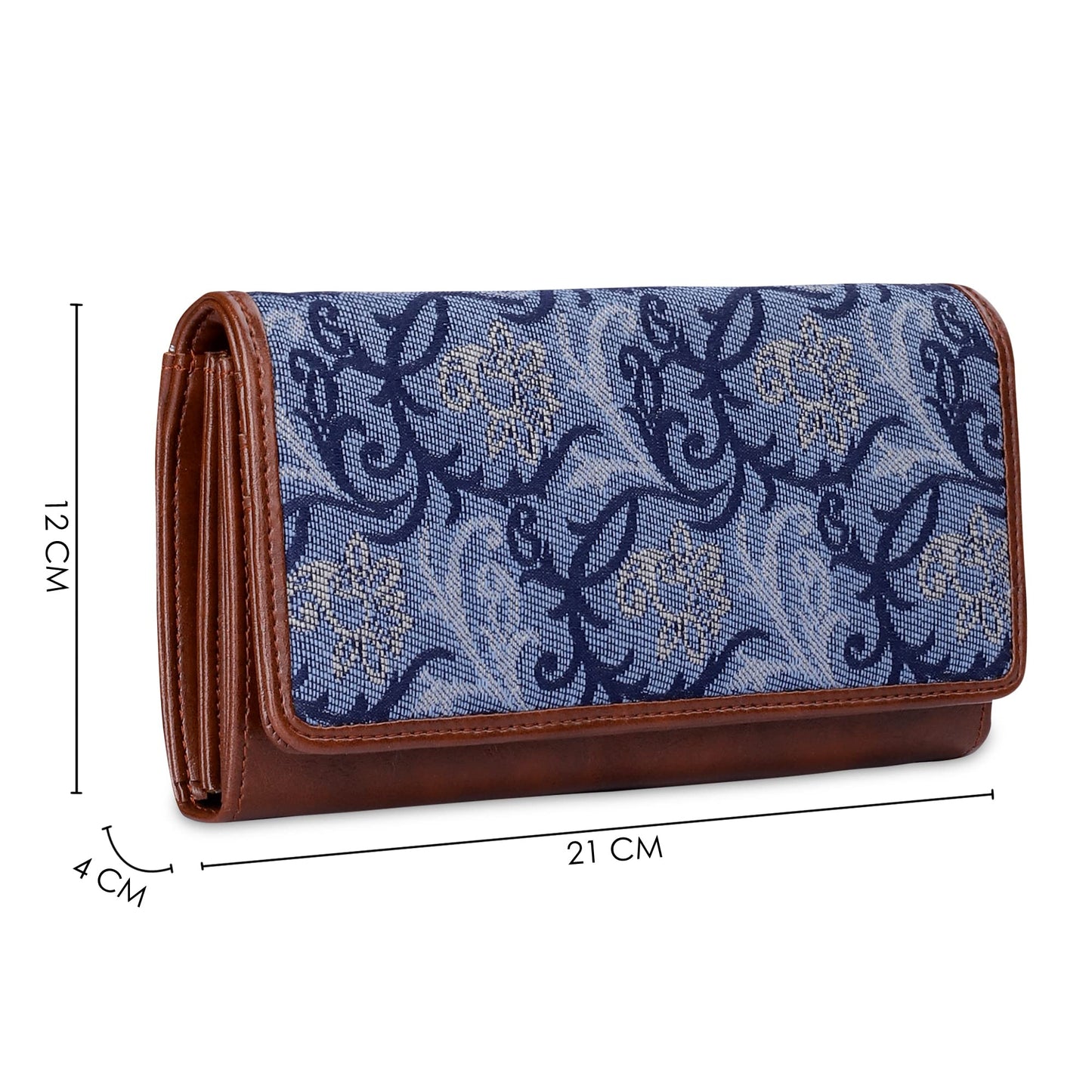 THE CLOWNFISH Sharon Collection Tapestry Fabric & Faux Leather Snap Flap Closure Womens Wallet Clutch Ladies Purse with Multiple Card Holders (Blue-Floral)