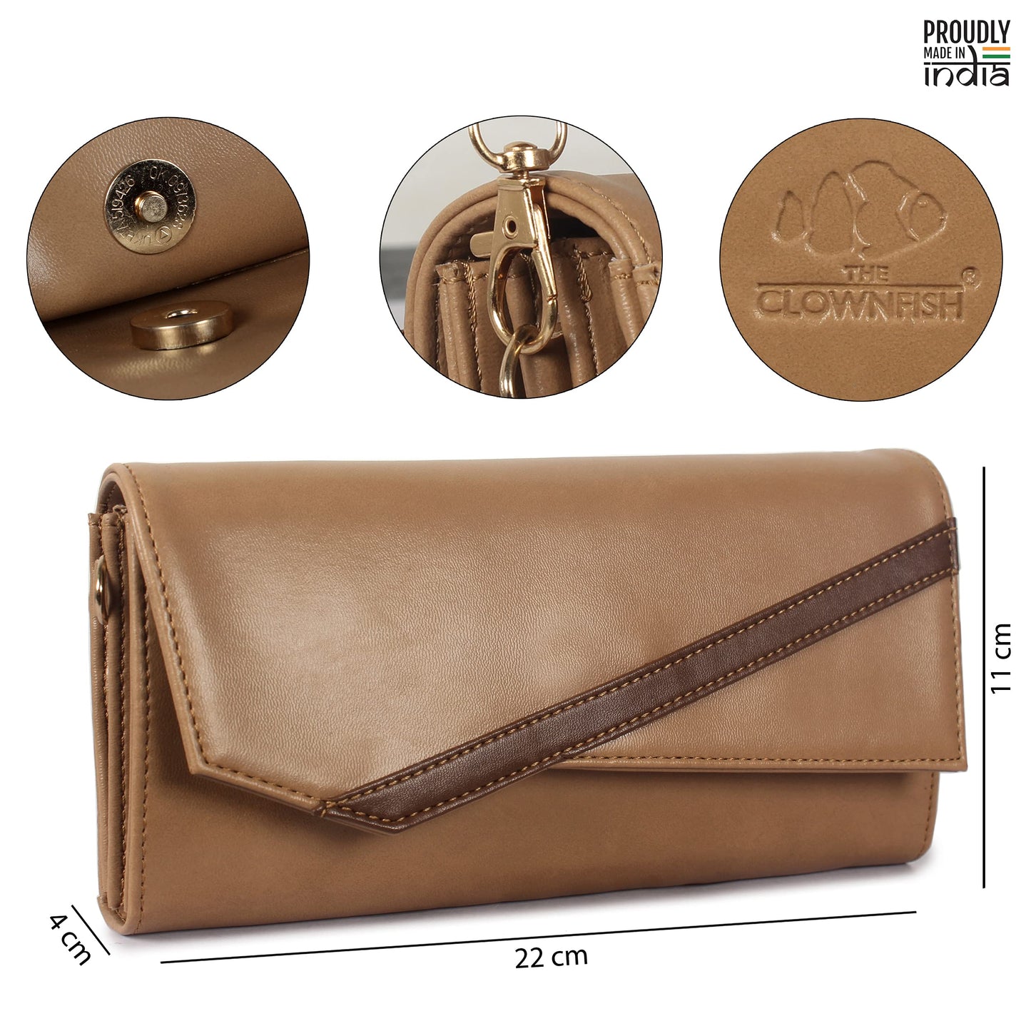 THE CLOWNFISH Ivana Series Womens Wallet Clutch Ladies Purse Sling Bag with multiple card slots (Light Brown)