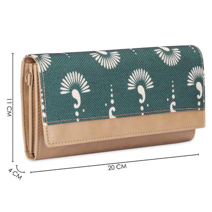 THE CLOWNFISH Erika Printed Handicraft Fabric & Vegan Leather Ladies Wallet Purse Sling Bag with Multiple Card Slots & Shoulder Belt (Bottle Green)