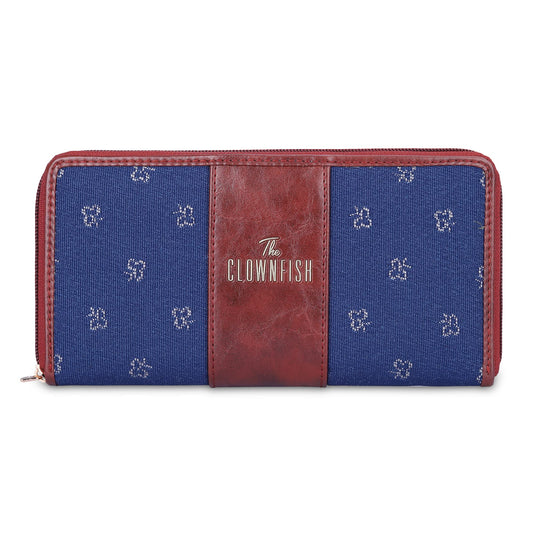 THE CLOWNFISH Aria Collection Tapestry Fabric & Faux Leather Zip Around Style Womens Wallet Clutch Ladies Purse with Card Holders (Blue - Spade Design)