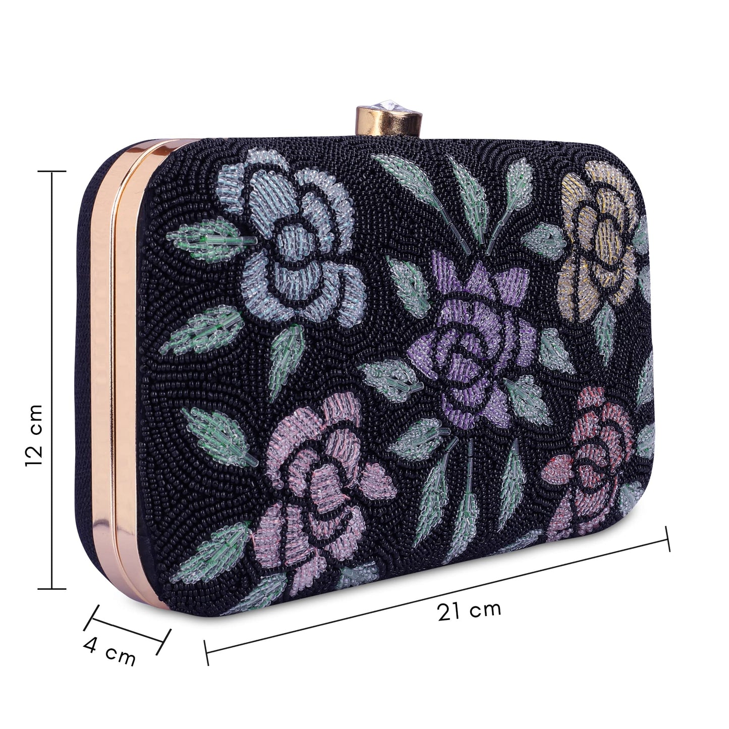 THE CLOWNFISH Norah Collection Womens Party Clutch Ladies Wallet with Chain Strap Evening Bag with Beads Work Floral Design (Jet Black)