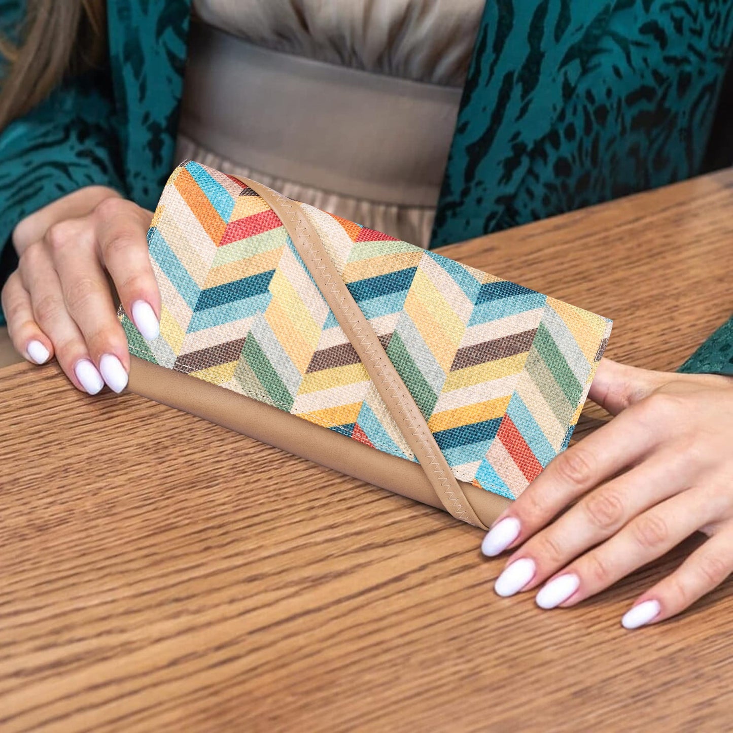 THE CLOWNFISH Women Jolene Printed Handicraft Fabric & Vegan Leather Ladies Wristlet Purse Sling Bag With Multiple Card Slots (Light Brown)