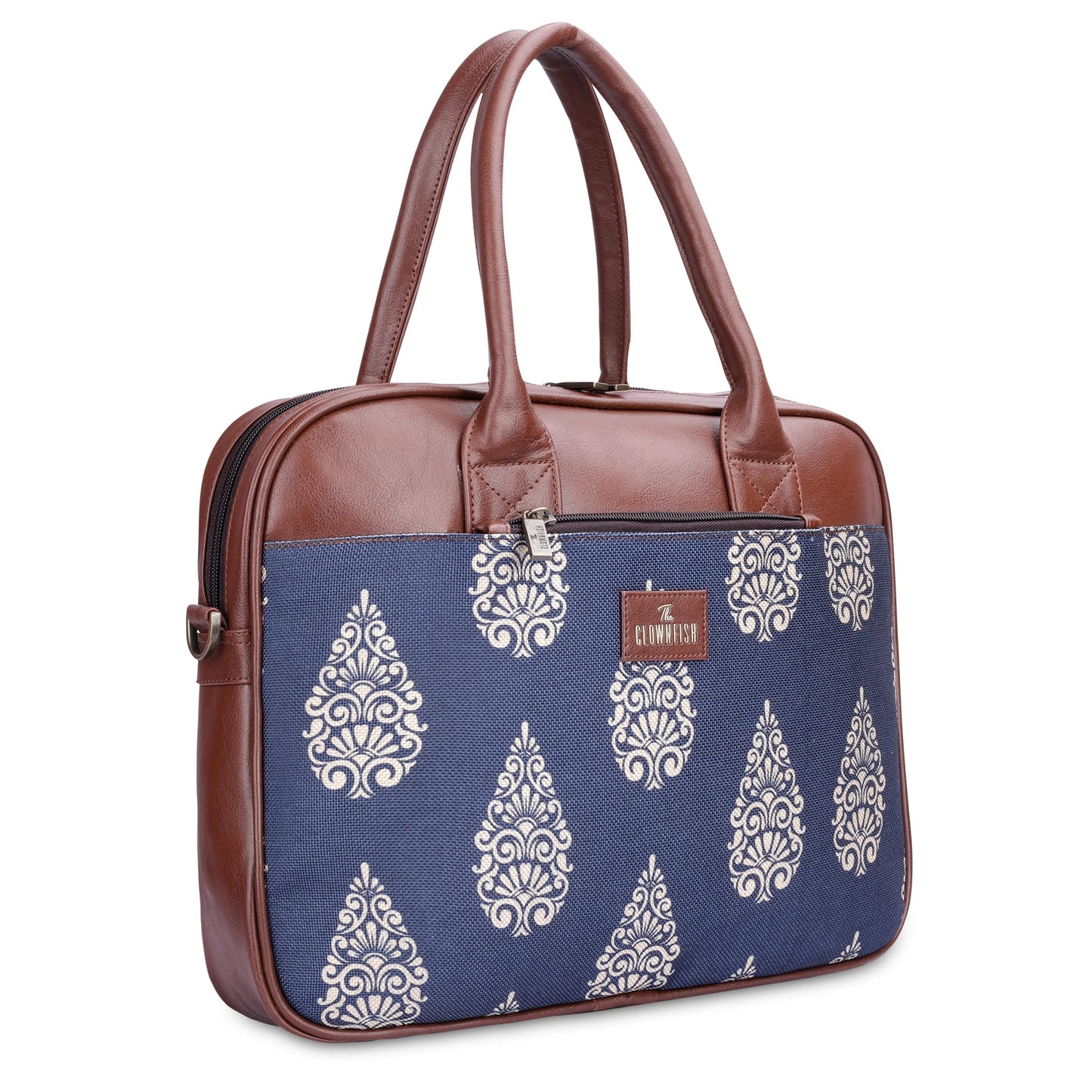 THE CLOWNFISH Deborah series 15.6 inch Laptop Bag For Women Printed Handicraft Fabric & Faux Leather Office Bag Briefcase Messenger Sling Handbag Business Bag (Navy Blue)